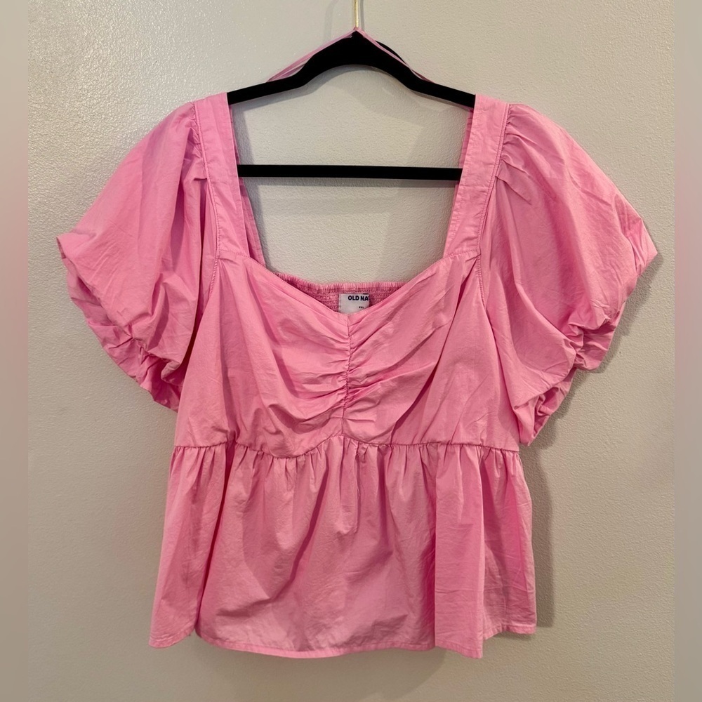Puff-Sleeve Ruched Smocked Babydoll Swing Blouse Pink XXL - Picture 2 of 7